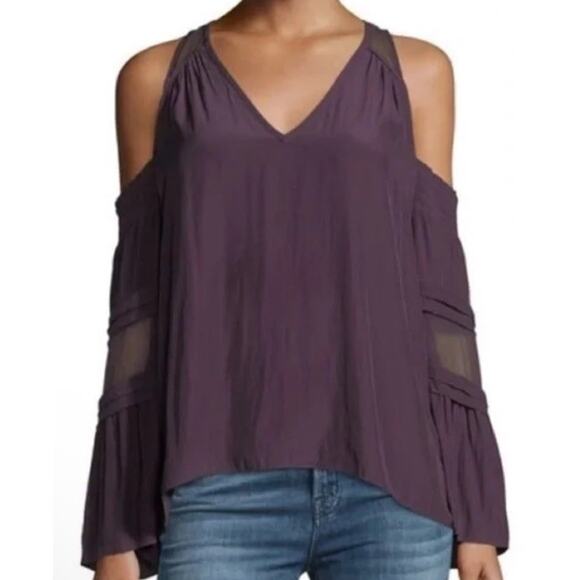 Ramy Brook Blouse Faretta Merlot Off Shoulder Purple Silk Size Small Romantic - Picture 11 of 12